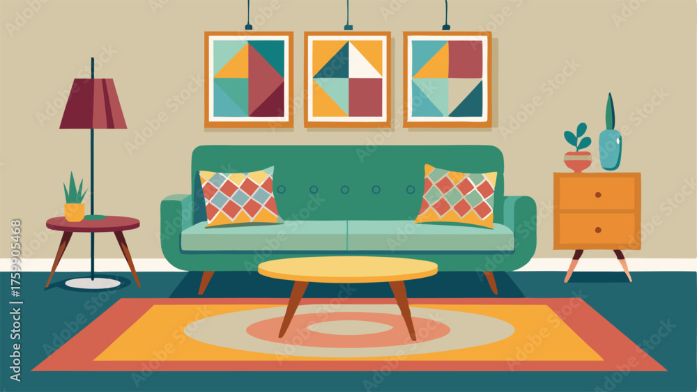 Fototapeta premium A colorful patterned statement rug in a living room filled with unique vintage furniture pieces.