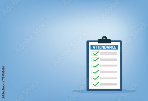 Attendance clipboard with checklist. Questionnaire, survey, clipboard, task list. Flat design,
