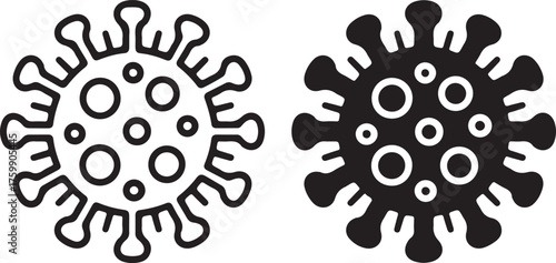 Outlined and solid black virus icons on white coronavirus symbol