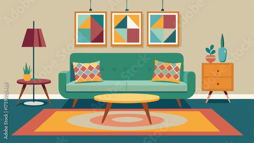 A colorful patterned statement rug in a living room filled with unique vintage furniture pieces.