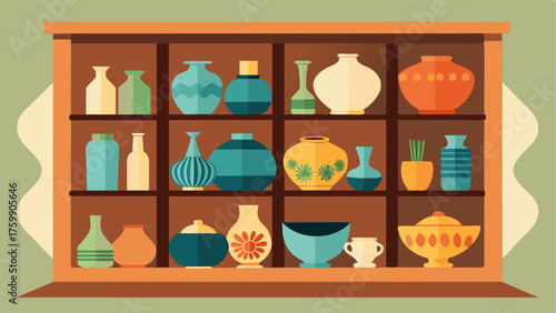 A display cabinet filled with various ceramic vases and bowls from Italy Japan and Mexico.