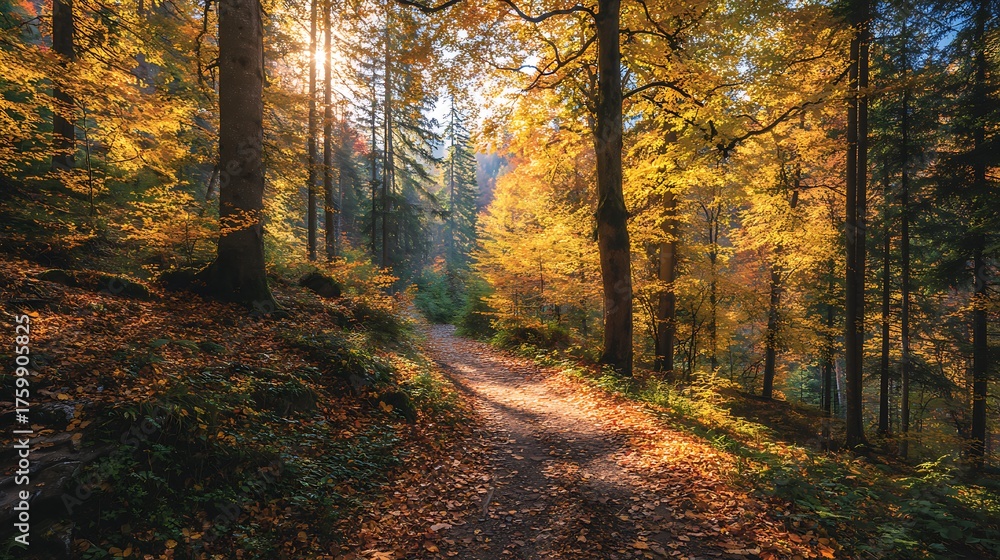 Obraz premium Golden autumn forest path with sunlight glow HD photos