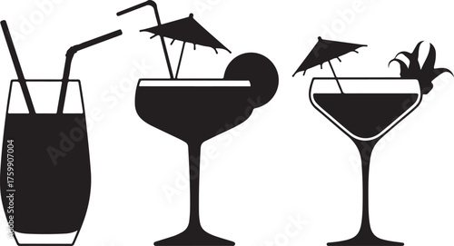 Black cocktail glass silhouettes set with straws, fruit, and umbrellas – vector bar icons