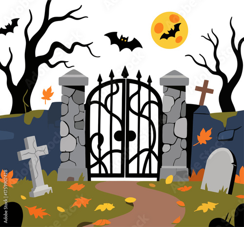 Spooky Halloween Cemetery Gate Vector Illustration, Stone Pillars, Wrought Iron, Gravestones, Twisted Trees, Bats, Full Moon, Autumn Leaves