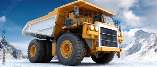 Massive yellow dump truck working on snow-covered mountain terrain under a clear blue sky during the day