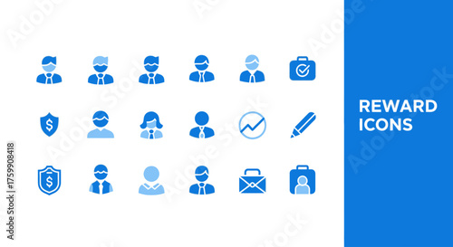 Bright blue reward icons for business success, employee benefits, and financial protection in modern designs for websites and presentations