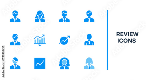 Modern business review icons featuring diverse team members, perfect for websites, presentations, and reports on growth and performance analysis