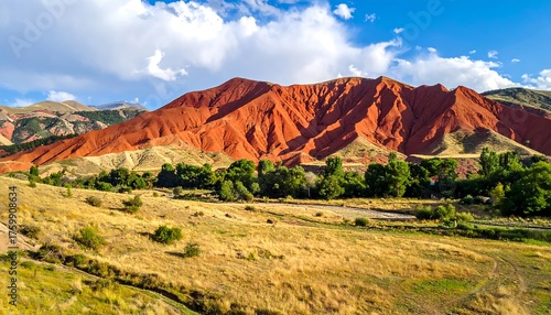 Vibrant Red Mountains and Green Valley Landscape.