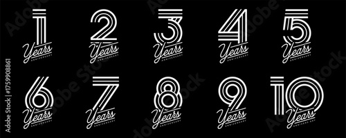 Set of vector logo designs for 1st to 10th anniversary, in white color for celebrations, weddings and birthday