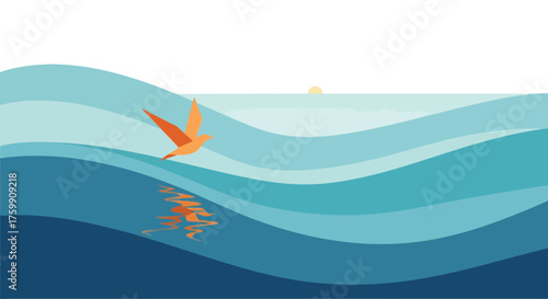 A Bird Soars Over the Ocean at Sunset, Abstract Style, Silhouette Image