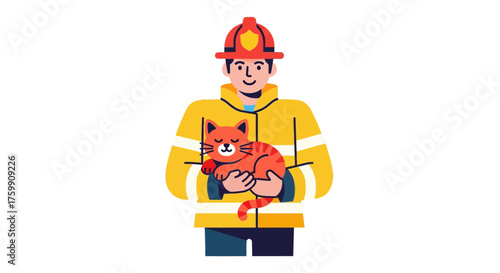 A Brave Firefighter Holding a Cute Cat Emblem Rescue Animal Safety Illustration