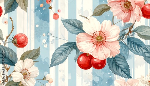 Vintage Cherry Blossom and Berries Floral Pattern.