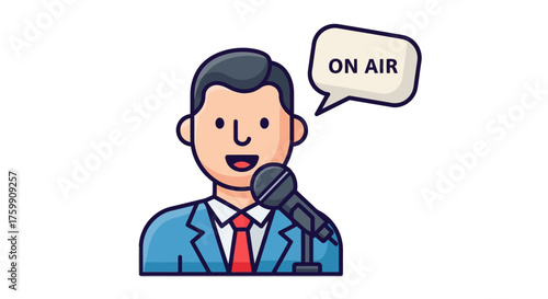A Broadcasting Professional Presenting Live On Air With a Microphone and Speech Bubble
