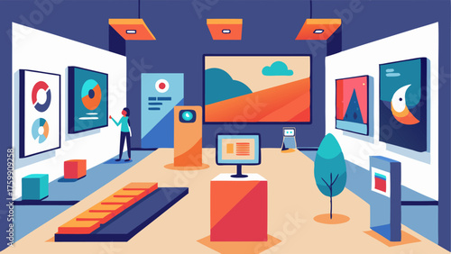 A gallery featuring photography and digital art with interactive displays and touchscreens for visitors to explore.