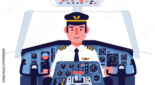 A Pilot Wearing Uniforms Inside A Cockpit Airplane Flying in Flat Illustrative Vector