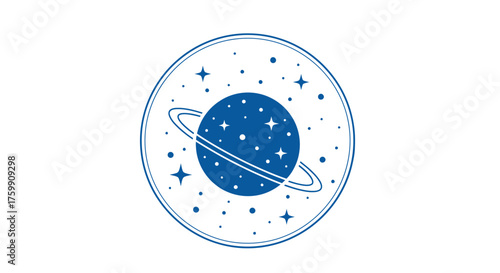 A Celestial Illustration Depicting a Galaxy Within a White Circle Against a Black Background