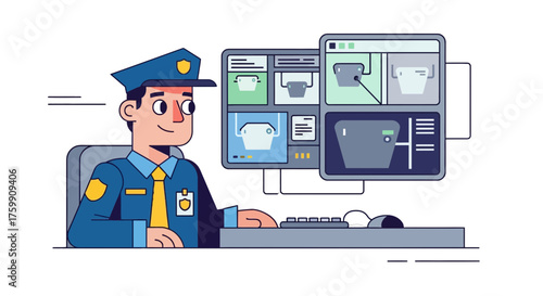 A Security Officer is Working in Control Room and Observing Surveillance Screens