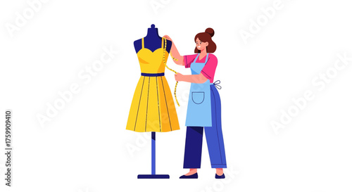 A Seamstress Measuring A Dress On A Mannequin In A Unique And Artsy Illustration