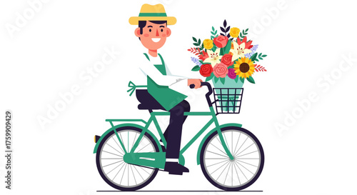A Cheerful Florist Delivers Beautiful Blossoms on a Bicycle for Special Occasions