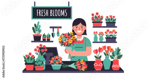 A Cheerful Florist Presenting a Fresh, Vibrant Bouquet of Colorful, Beautiful Flowers in Store