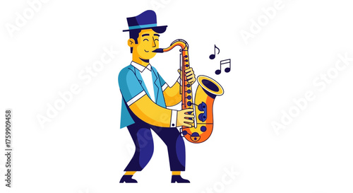 A Cheerful Musician Plays The Saxophone, Delivering Melodic Joy During An Evening Concert