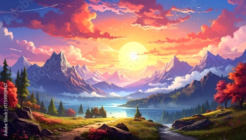Vibrant Sunset Over Mountain Lake - A Digital Painting.