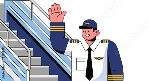 A Cheerful Pilot Waves As He Welcomes Passengers To The Aircraft