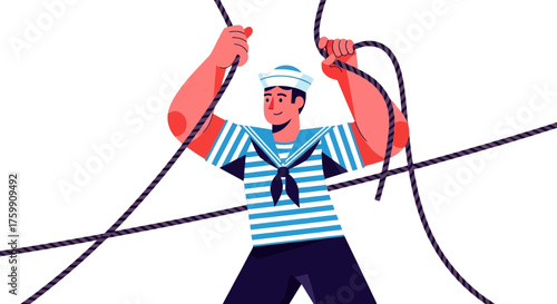 A Cheerful Sailor Maneuvering Ropes Against a Black Backdrop Illustration