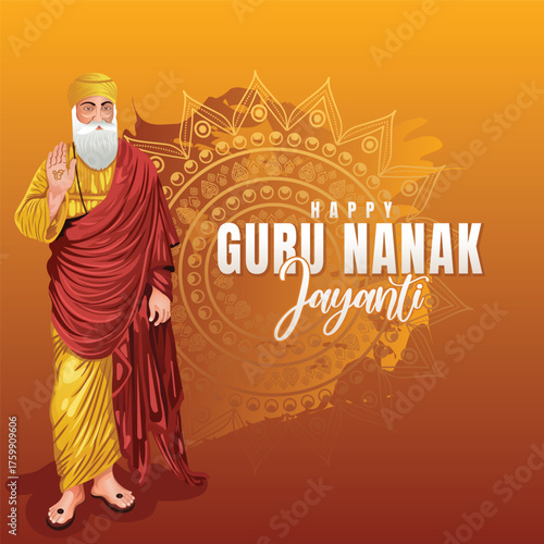 Happy Guru Nanak Jayanti celebration background featuring Guru Nanak Dev Ji illustration, artistic mandala, elegant typography, and festive spiritual design perfect for greetings and posters.