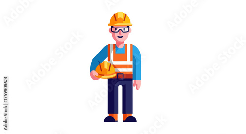 A Smiling Construction Worker In Protective Gear Stands With A Helmet In Hand