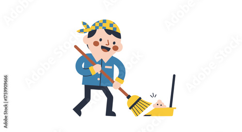 A Smiling Janitor Sweeping And Cleaning With Tools Against A Black Background