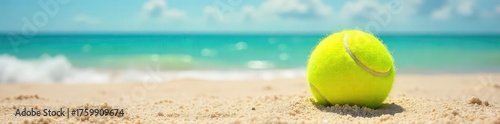 A vibrant yellow tennis ball rests on a sun-drenched, sandy beach, evoking the carefree spirit of summer The ocean is visible in the background, enhancing the idyllic summer scene , hot, sport