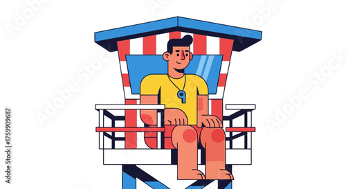 A Smiling Lifeguard At His Station With A Whistle, Ready To Oversee The Beach