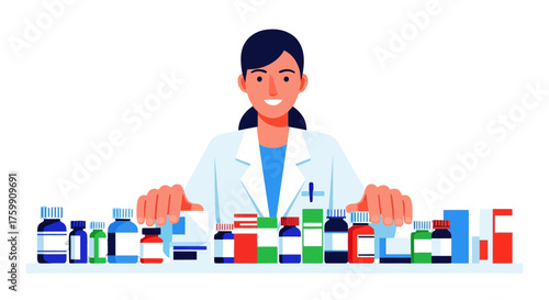 A Smiling Pharmacist Amongst a Variety of Pharmaceuticals and Medication Bottles Displayed