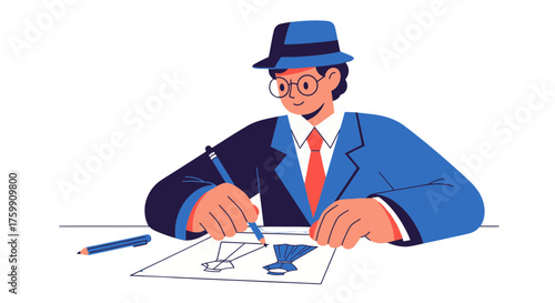 A Stylish Gentleman Designs Dresses with a Pencil in a Stylish and Modern Illustration