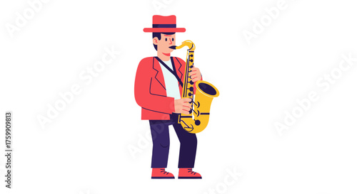 A Stylish Illustration Of A Saxophone Player In A Vibrant Outfit Performing