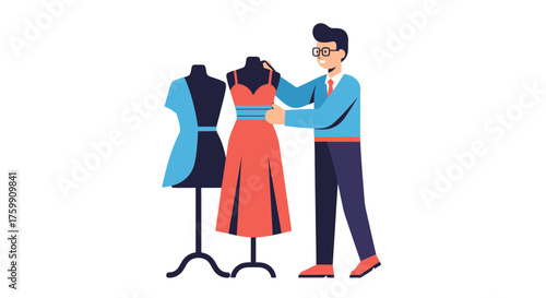 A Fashion Designer Assessing a Dress Design on a Mannequin in a Studio Environment