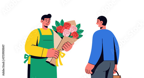 A Florist Presenting a Freshly Prepared Bouquet to a Customer in Minimalist Style