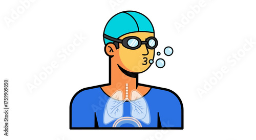 A Swimmer Exhaling Air Bubbles, Depicting Respiratory Mechanics and Underwater Exercise