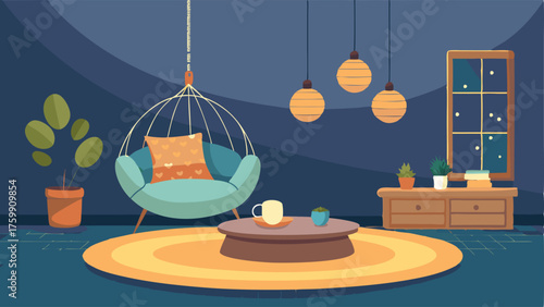 A corner of the living room with a hanging swing chair a floor cushion and a string of lights creating a cozy reading spot.