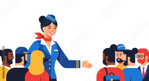 A Friendly Flight Attendant Welcomes Passengers on a Vibrant, Stylish Illustration