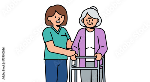 A Kind Caregiver Assists Elderly Lady Using a Walker with Compassion and Support
