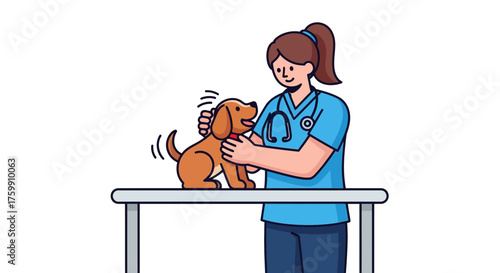 A Veterinarian Checks A Happy Dog On A Table, Modern Medical Illustration Style