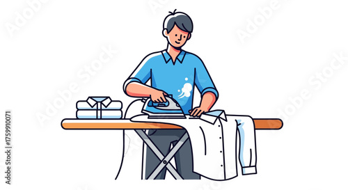 A Homemaker Uses Electric Iron To Smooth Wrinkles From Linen Shirts In Cartoon Illustration