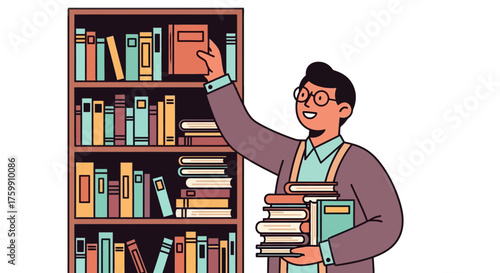 A Librarian Selecting Books From Shelves With Other Volumes In Their Arms Illustrations