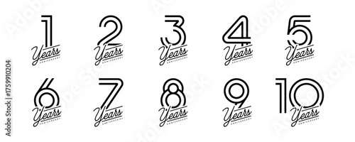 Set of vector logo designs for 1st to 10th anniversary, in black color for celebrations, weddings and birthdays