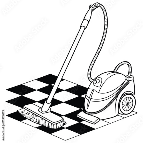 Vacuum cleaner on a floor in black and white drawing