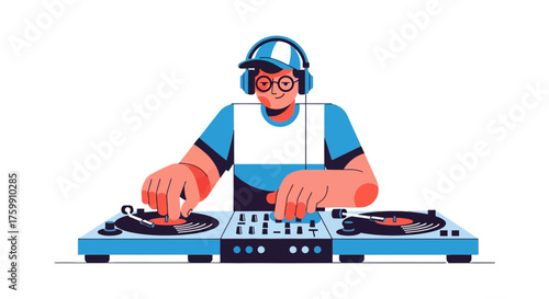 A Young DJ Masterfully Manipulating Audio on Turntables with Vibrant Colors