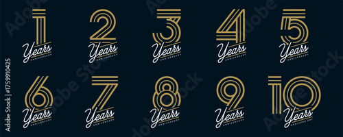 Set of vector logo designs for 1st to 10th anniversary, in gold color for celebrations, weddings and birthday