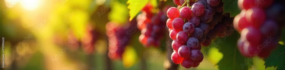 Fototapeta premium Luscious ripe wine grapes hanging heavy on the vine, ready for harvest Sun-drenched bunches showcase the vibrant color and texture of these premium grapes , red grapes, growing, grapes